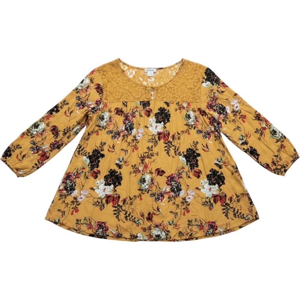 Passport Floral Blouse Womens 3X Yellow Lace Yoke Long Sleeve Rayon Boho Top